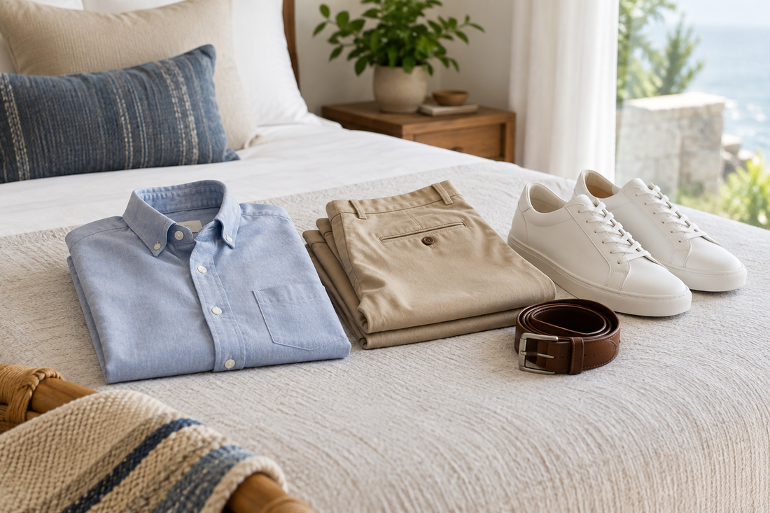 Men's chino pants styled with a casual shirt and sneakers with no text or branding