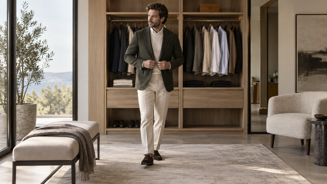 Men's refined designer-style wardrobe in an elegant dressing room with no text or branding