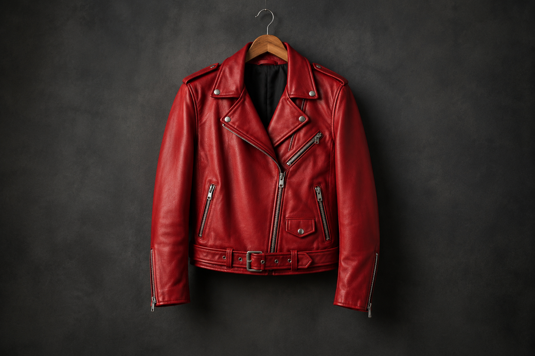 Red leather jacket displayed against a dark studio background with no text or branding