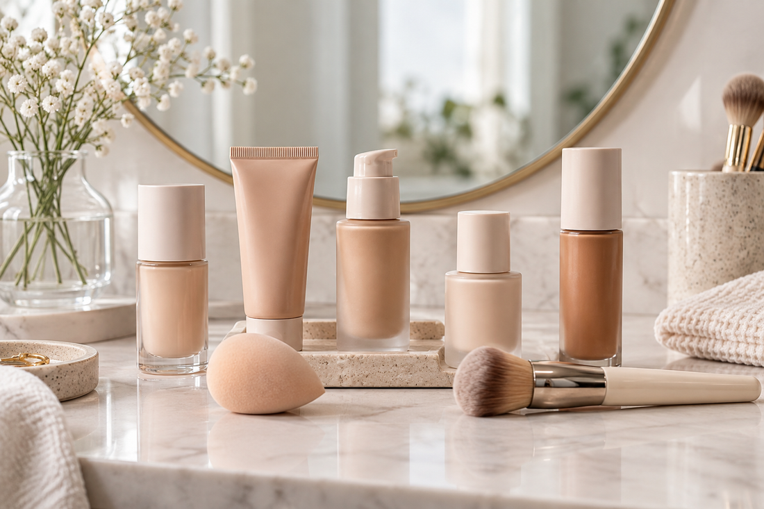 Unbranded foundation products and makeup tools on a clean vanity with no text or branding
