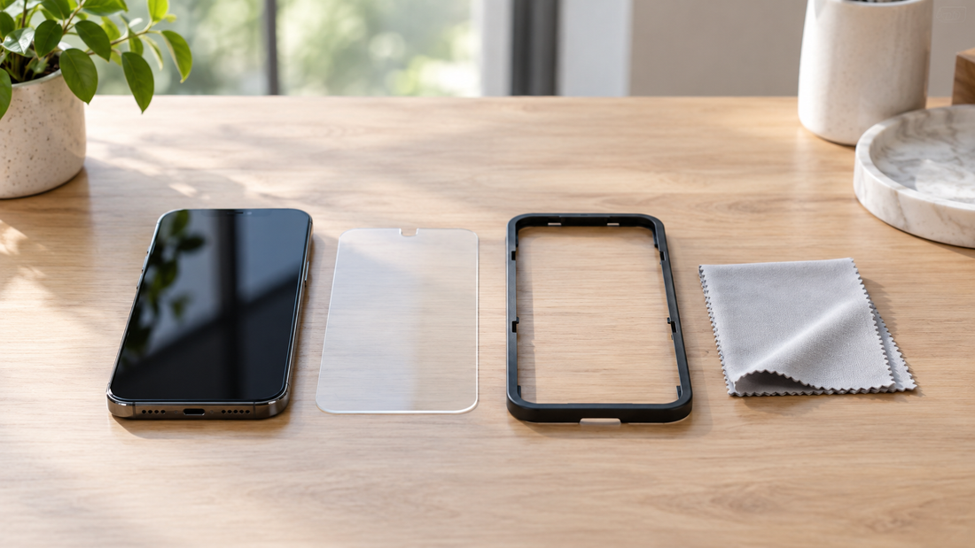 Phone and screen protector installation tools on a clean desk with no text or branding
