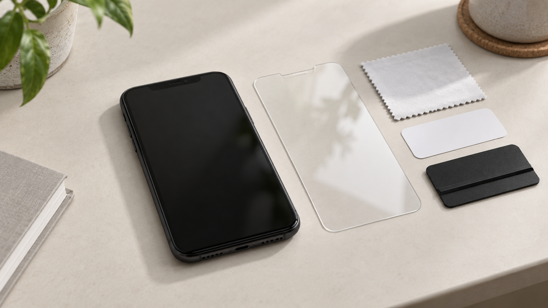iPhone 11 screen protector beside an unbranded phone and installation tools