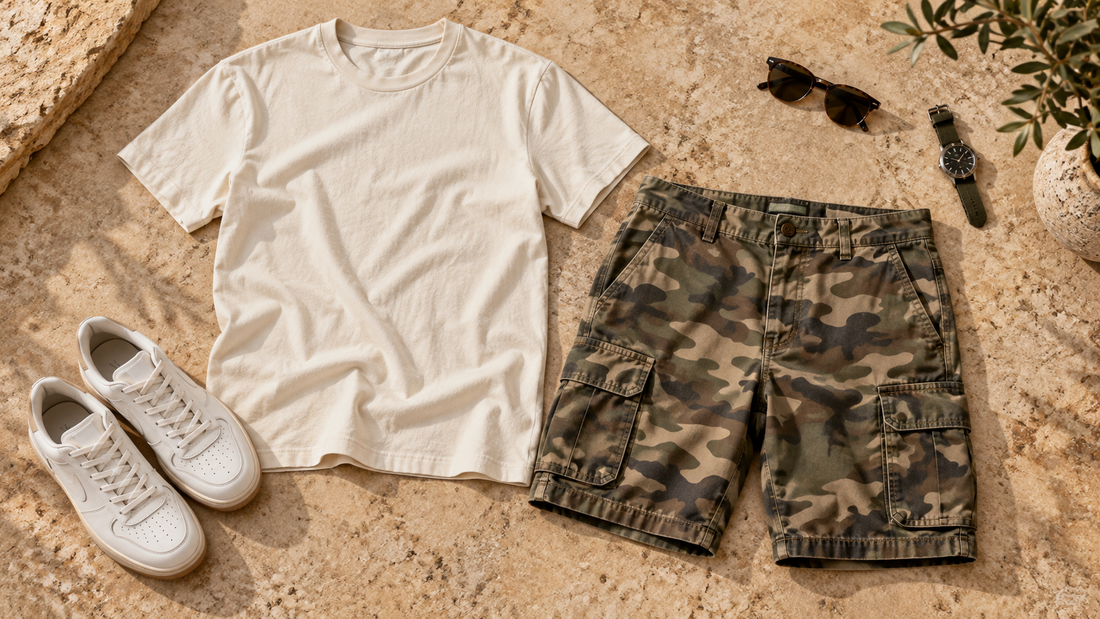 Camouflage cargo shorts styled with a cream T-shirt and sneakers