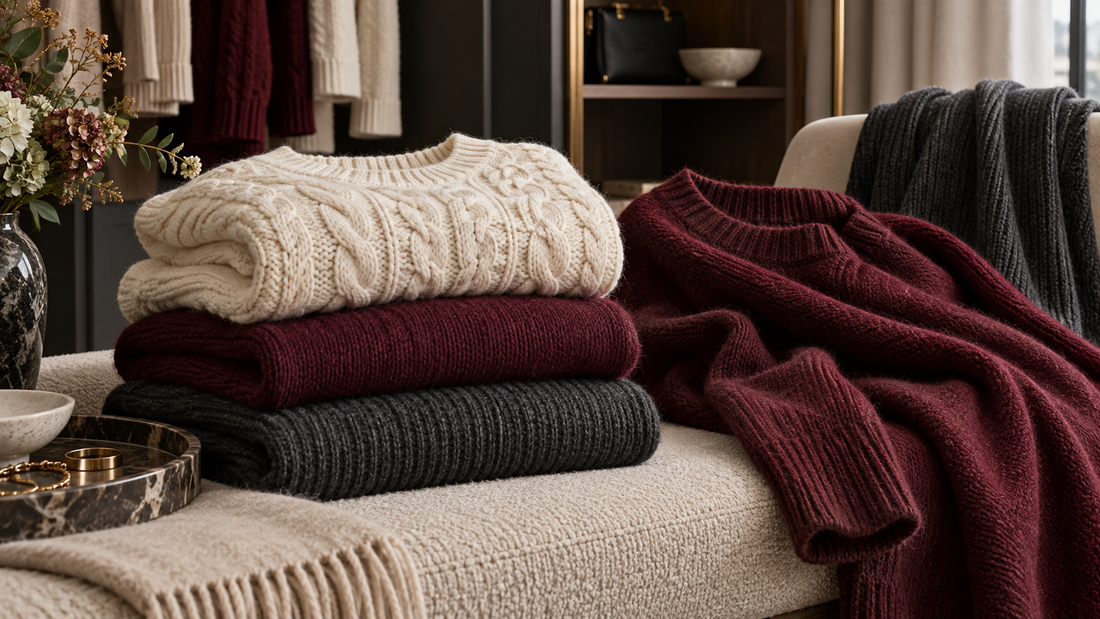 Women's knitted jumpers in cream, burgundy and charcoal