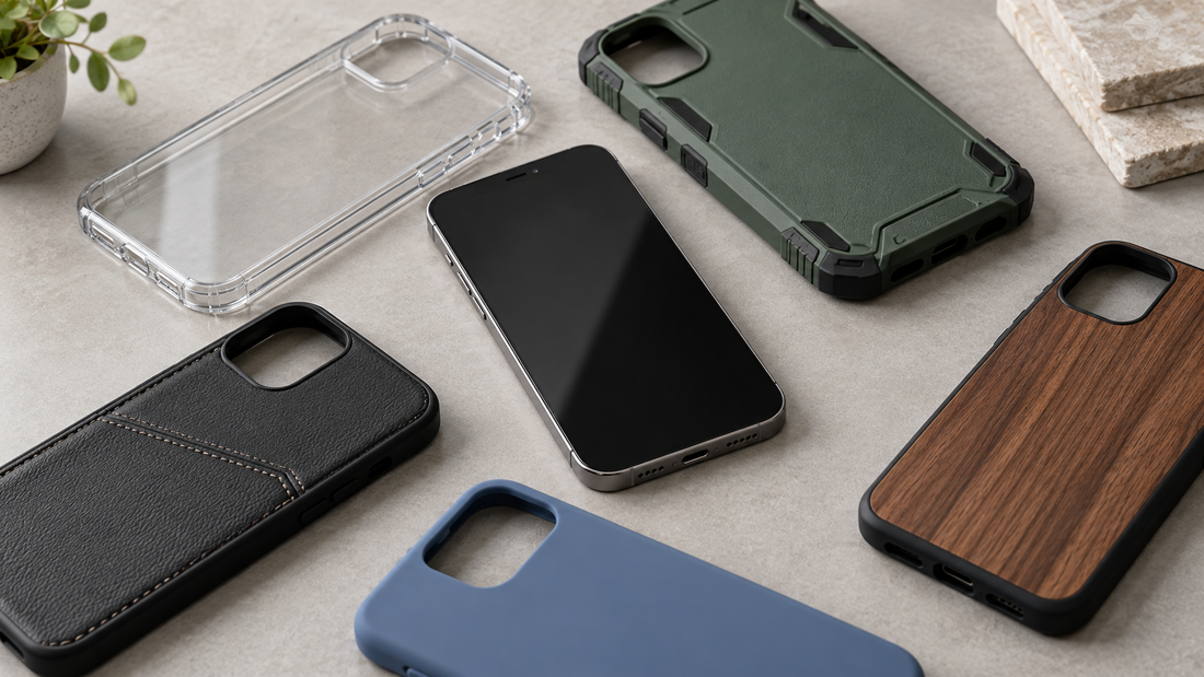 Selection of protective phone cases around an unbranded smartphone