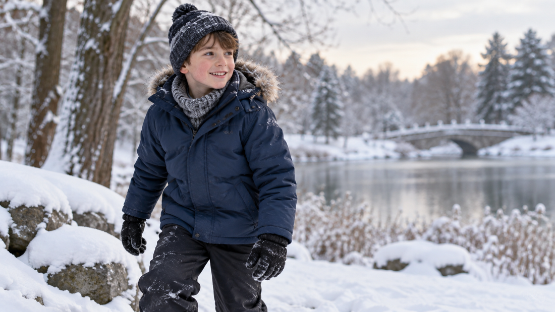Boy wearing a navy winter jacket in a snowy park