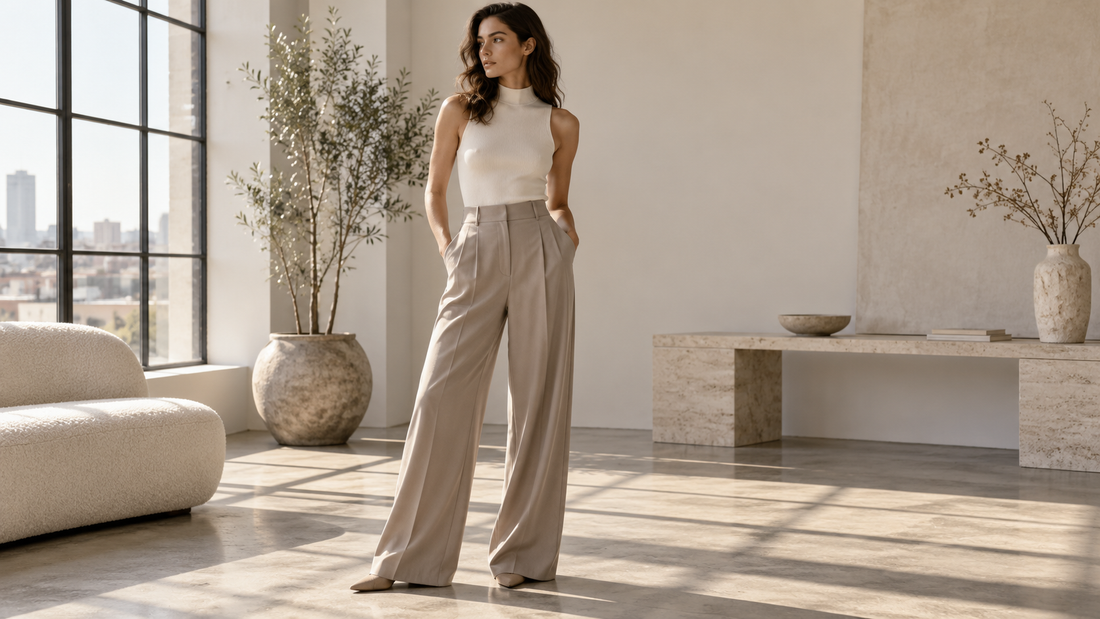 Woman styling a cream high-neck tank top with tailored trousers