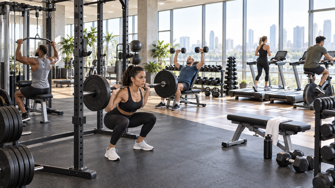 Bright modern fitness gym with strength and cardio equipment