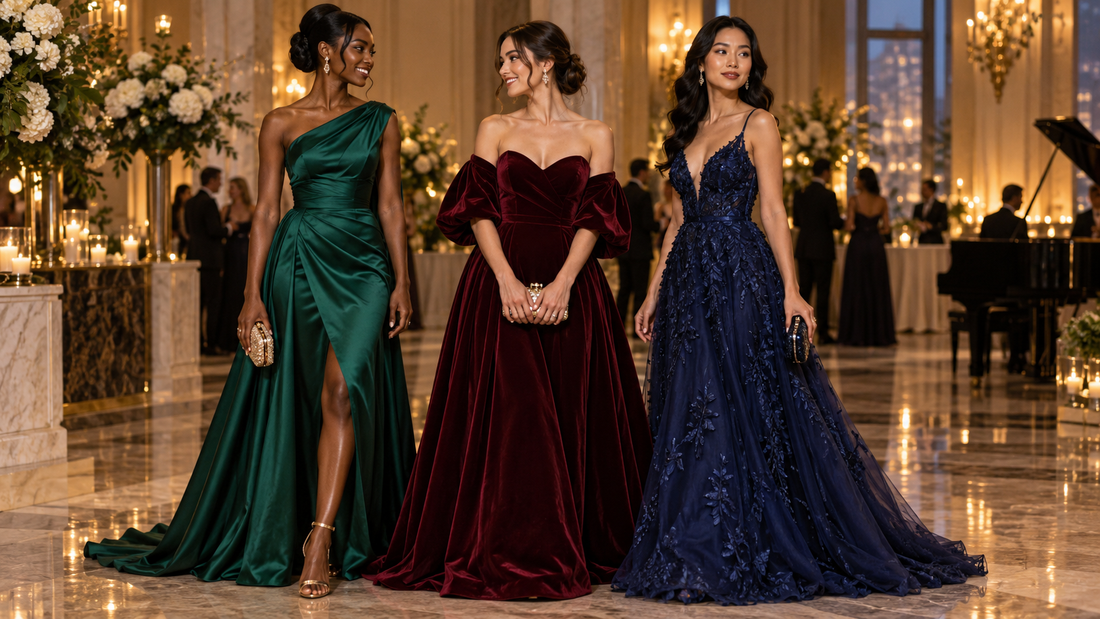 Three women wearing special occasion dresses at an elegant reception