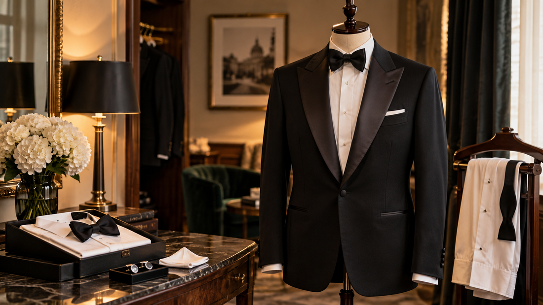 Black dinner jacket with satin lapels displayed in an elegant dressing room