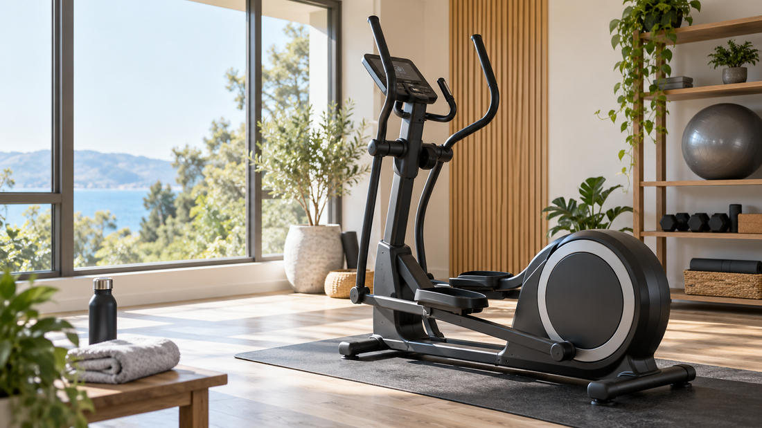 Modern elliptical bike in a bright home gym with a towel and water bottle