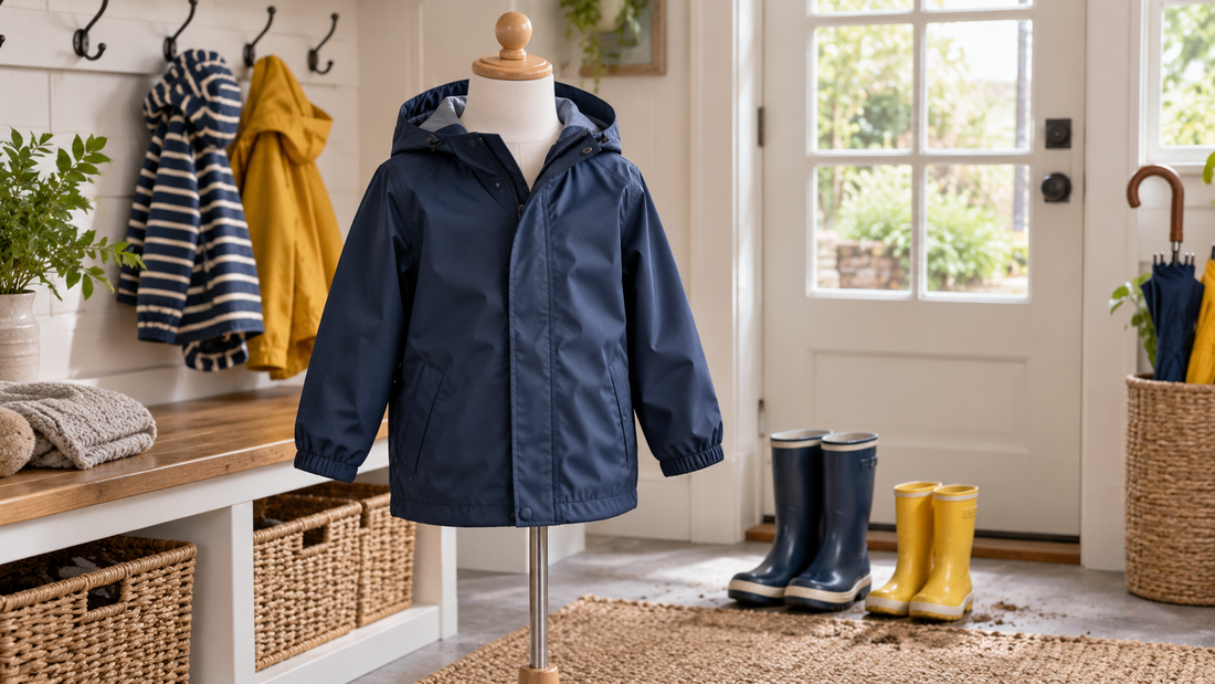 Navy boys' weather jacket displayed in a bright family mudroom