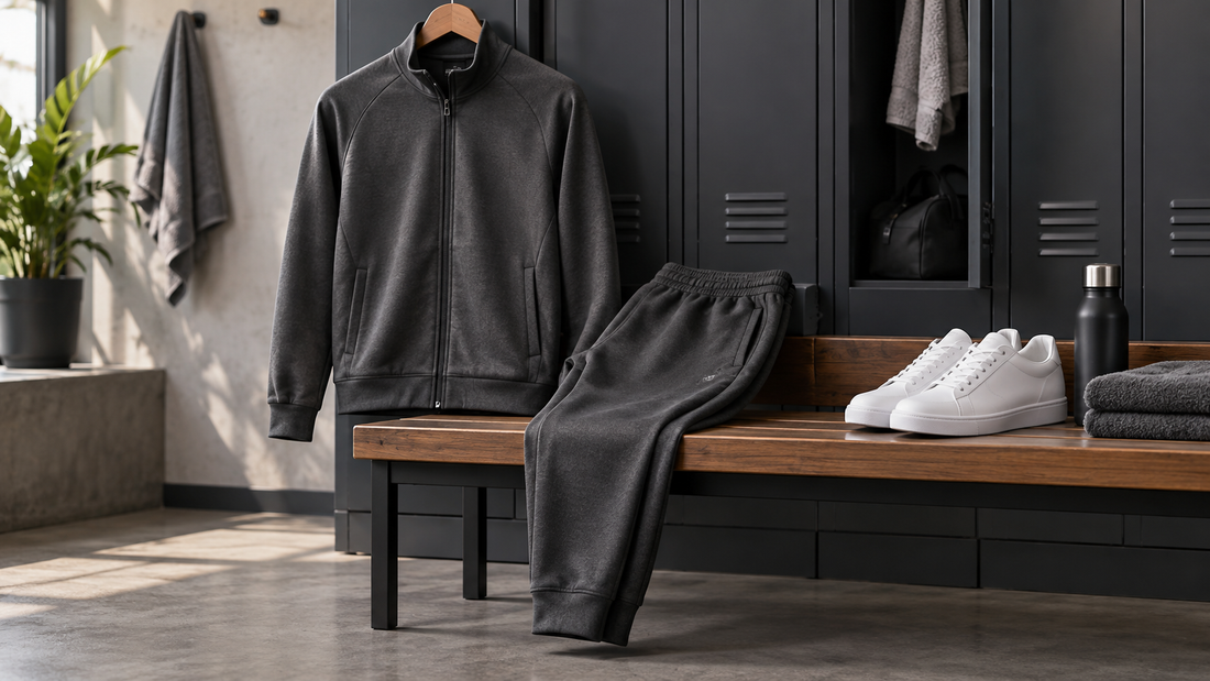 Men's charcoal tracksuit set arranged in a modern locker room