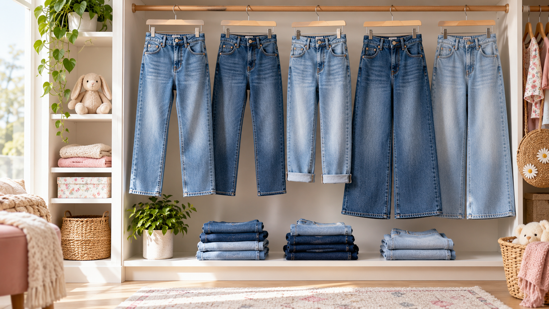 Selection of girls' blue jeans displayed in a bright wardrobe