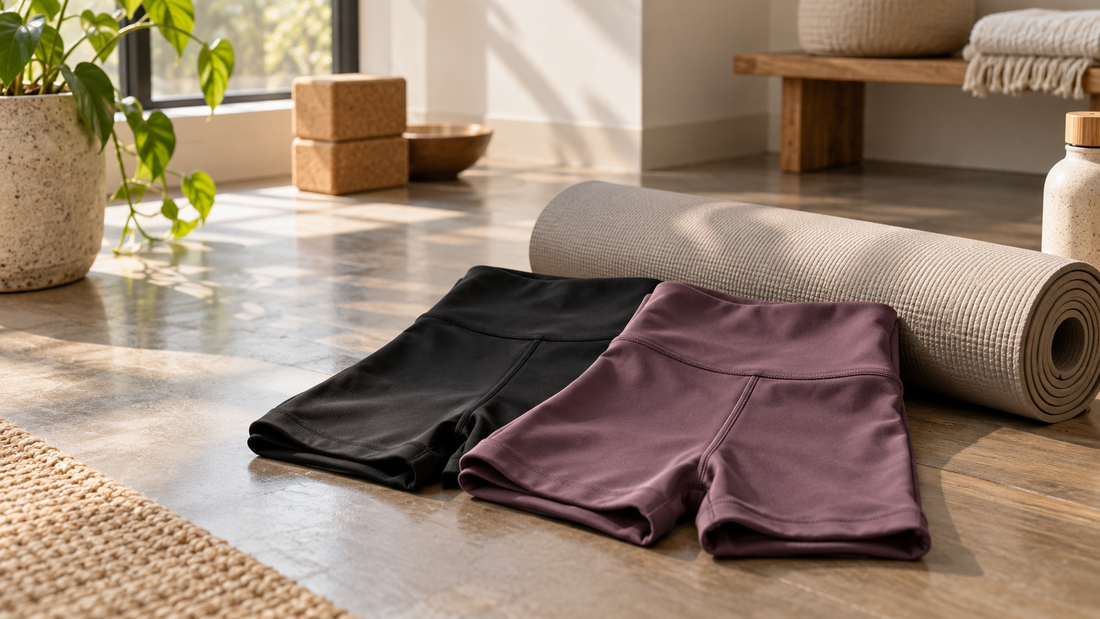 Black and mauve yoga shorts beside a rolled mat in a calm studio