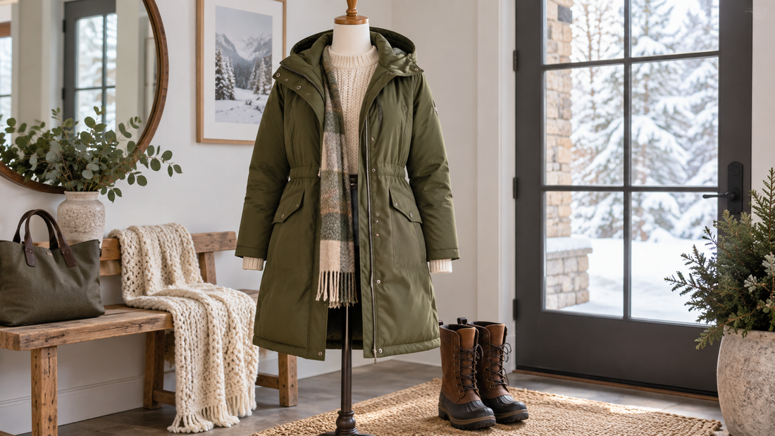 Olive women's parka jacket displayed in a winter entryway