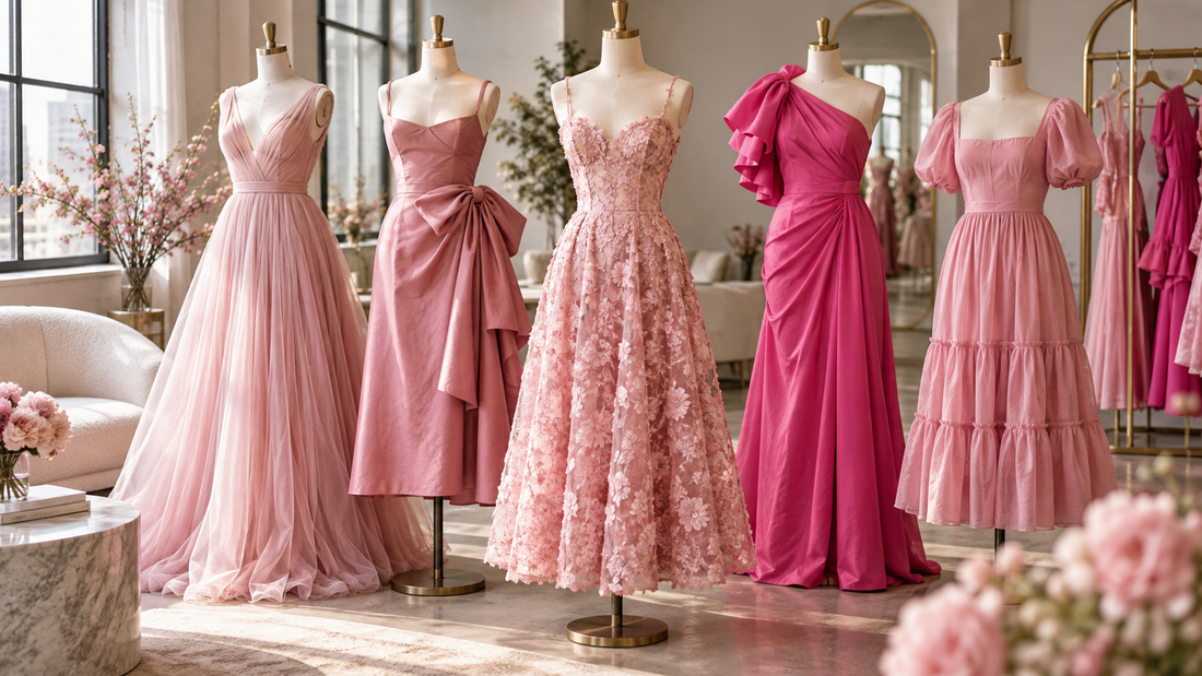 Collection of women's pink dresses displayed in an elegant studio