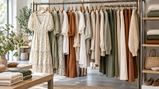 Affordable women's clothing arranged on a bright boutique rack