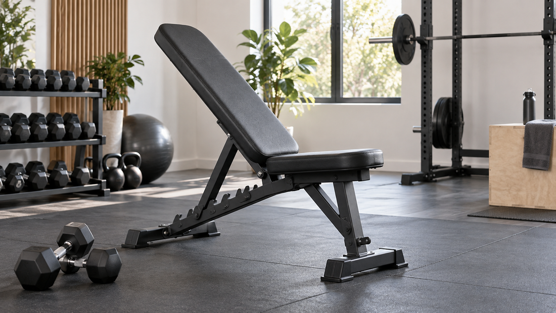 Adjustable weight bench in a clean home strength studio