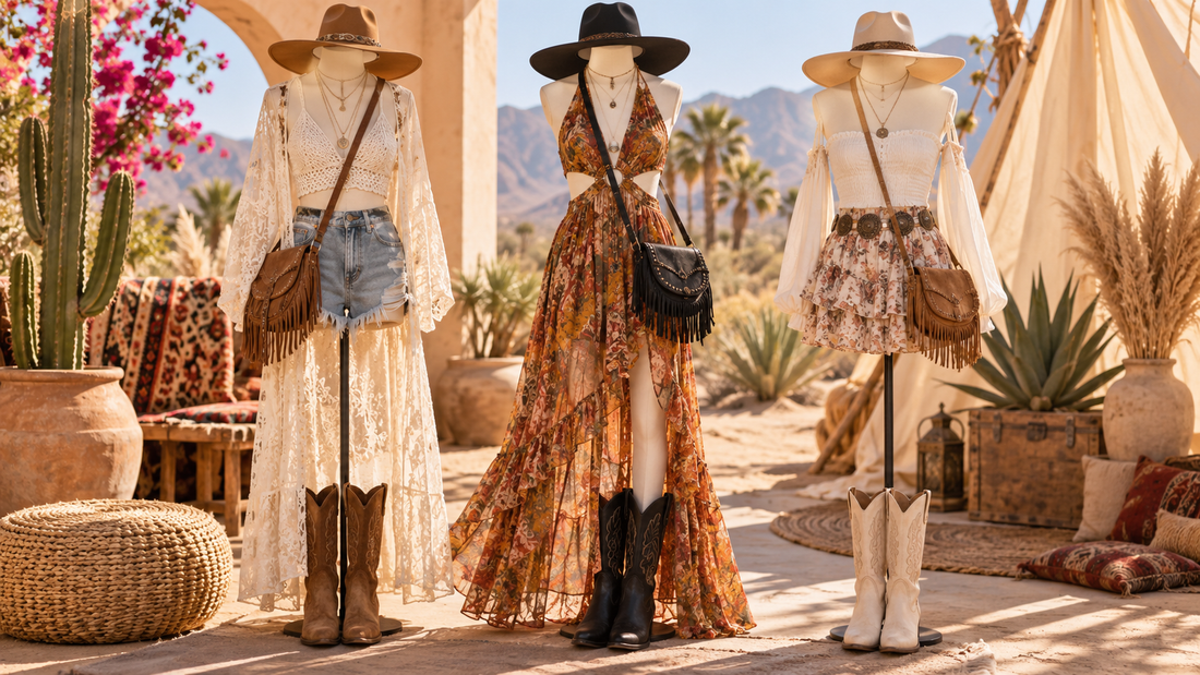 Festival outfits displayed on mannequins in a sunny desert setting