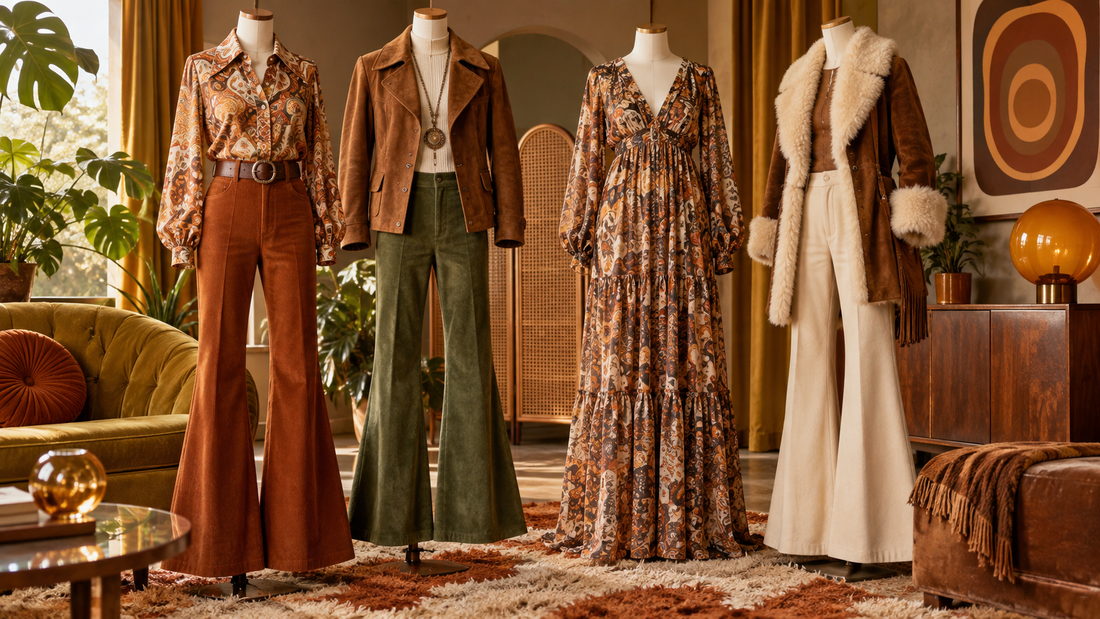 Seventies-inspired fashion displayed in a warm retro interior