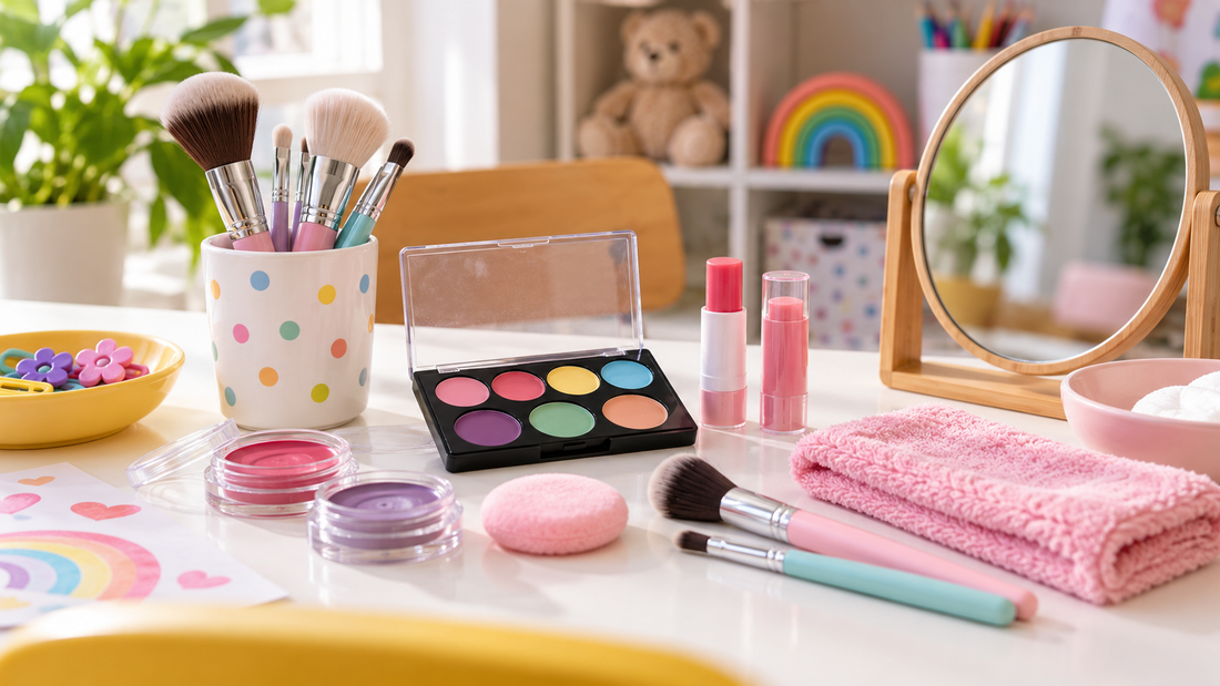 Colorful children's play makeup arranged on a supervised activity table