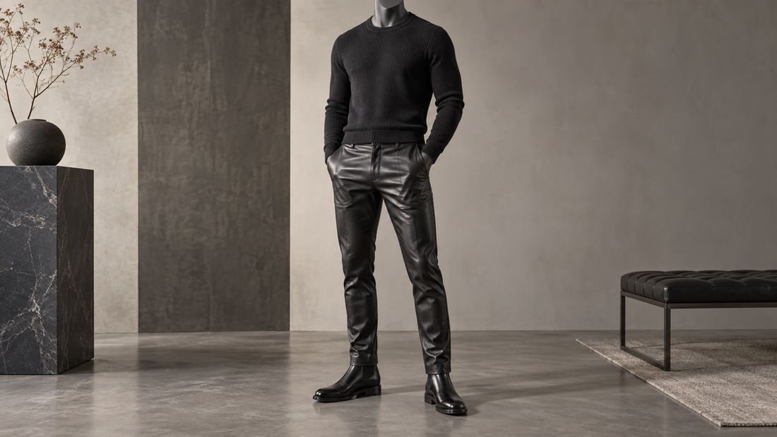 Man wearing black leather pants with a simple black knit