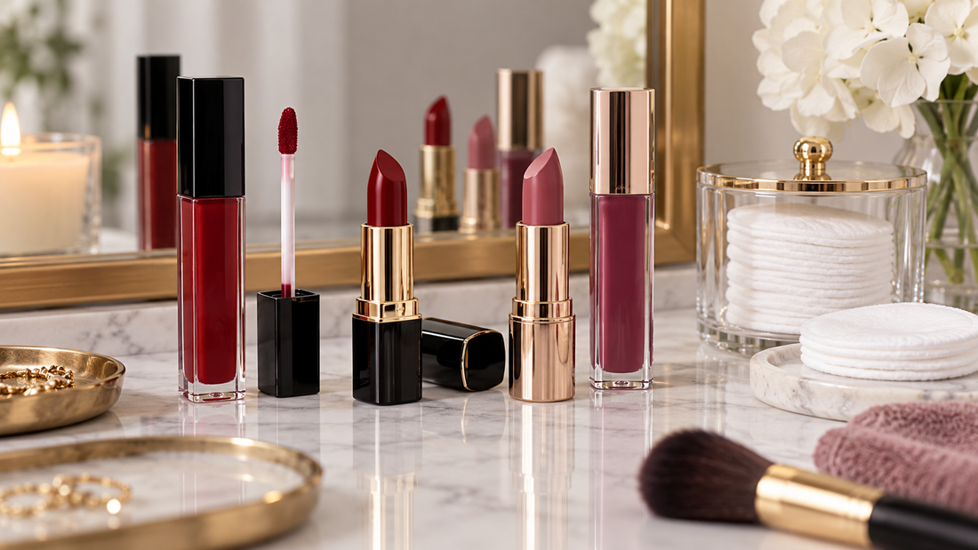 Long-lasting lipstick formulas displayed on a clean vanity