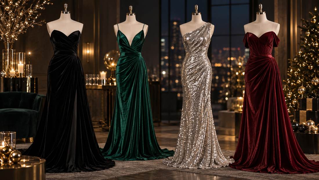New Year's dresses in velvet, satin and sequins displayed for an evening celebration