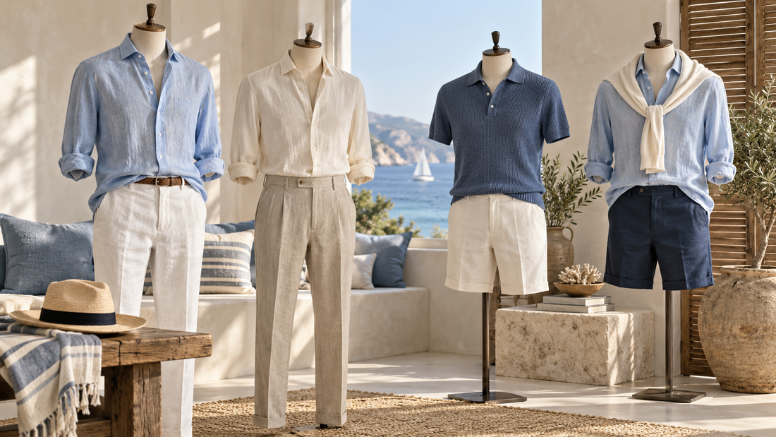 Men's lightweight summer outfits displayed in a coastal interior