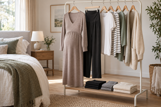 Affordable maternity wardrobe arranged on a bright bedroom clothing rack