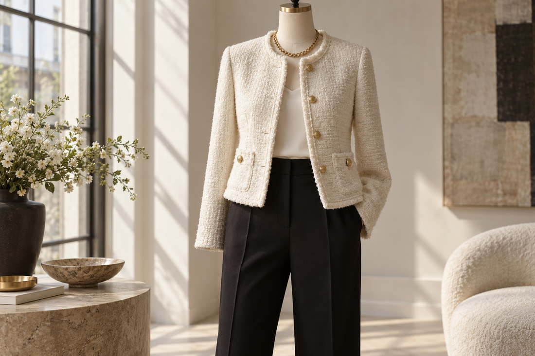 Cream bouclé jacket displayed with black trousers in a polished studio