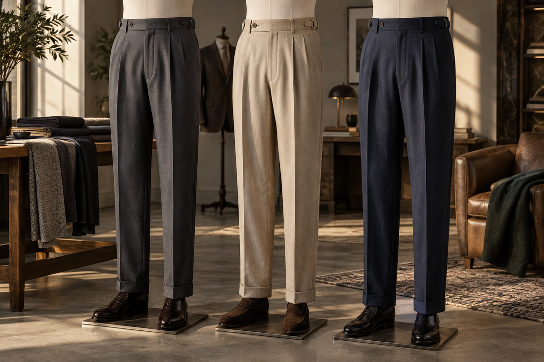 Pleated trousers in charcoal, beige and navy displayed in a tailoring studio