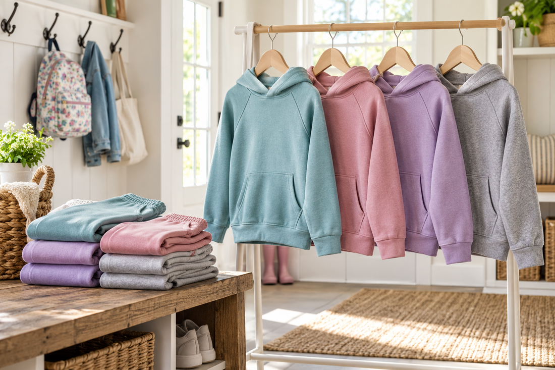 Girls' hoodies in soft colors arranged on a bright family clothing rack
