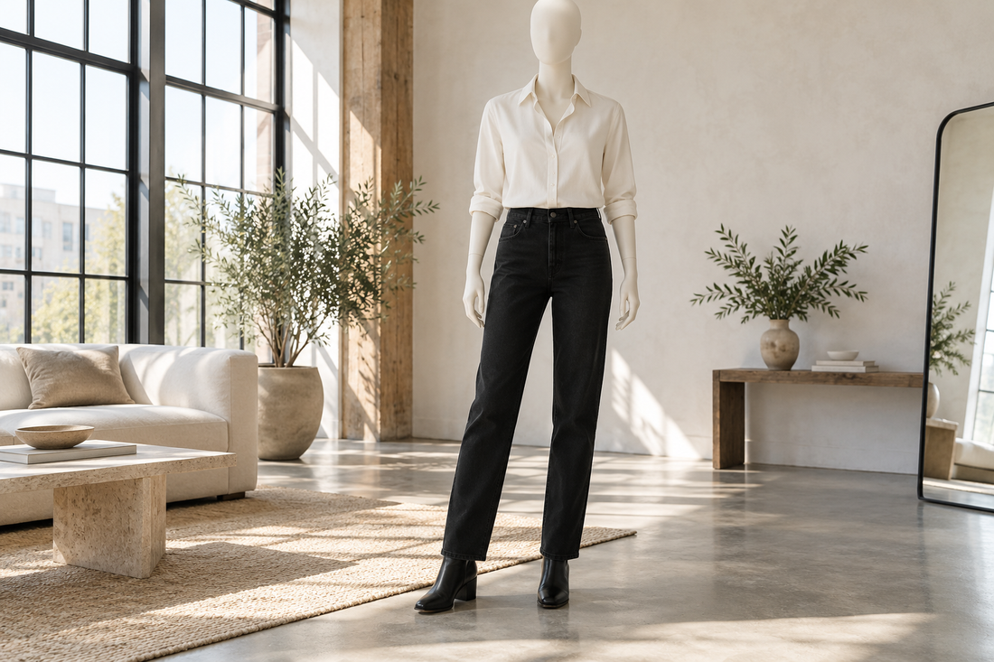 Black straight-leg jeans styled with an ivory shirt in a minimalist loft
