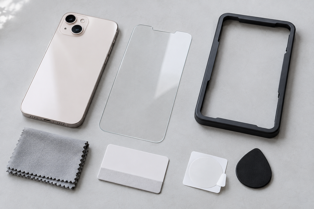 iPhone 13 screen protector and installation tools arranged on a clean surface