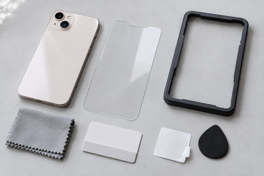 iPhone 13 screen protector and installation tools arranged on a clean surface
