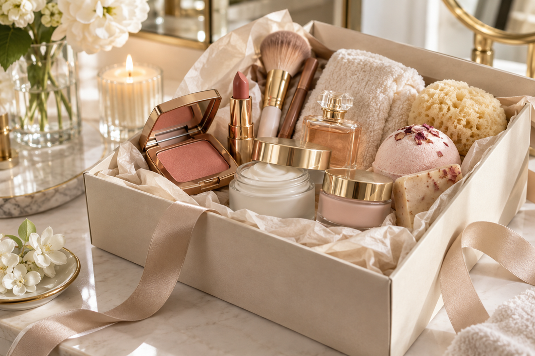 Unbranded beauty gift set arranged in an elegant presentation box