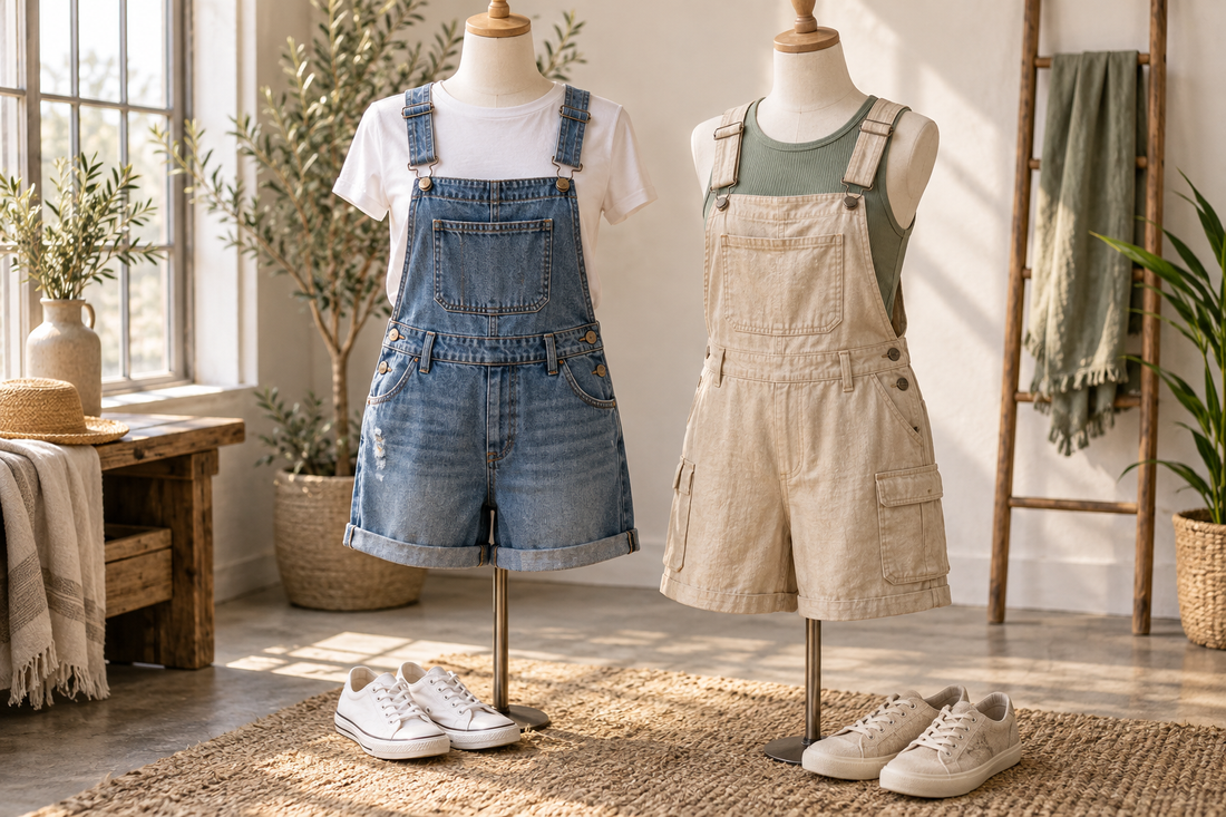 Denim and neutral overall shorts displayed in a sunlit studio