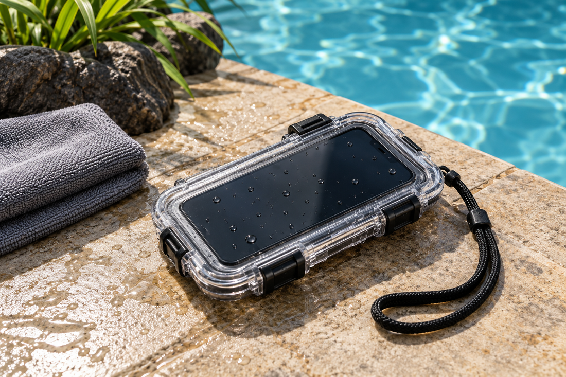 Waterproof phone case with secure latches beside a swimming pool
