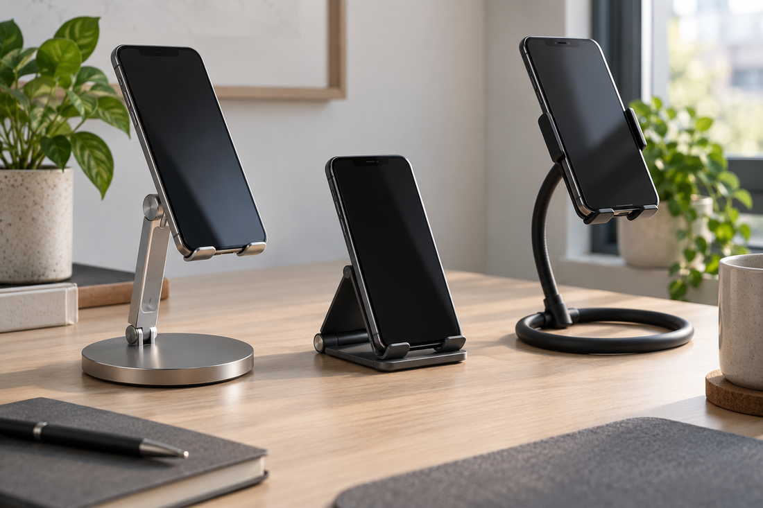 Phone stand arranged on a clean desk for stable, ergonomic everyday use