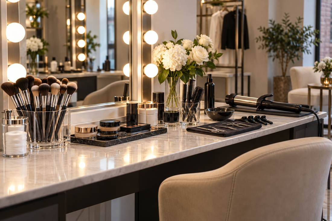 Clean professional hair and makeup tools prepared for an appointment