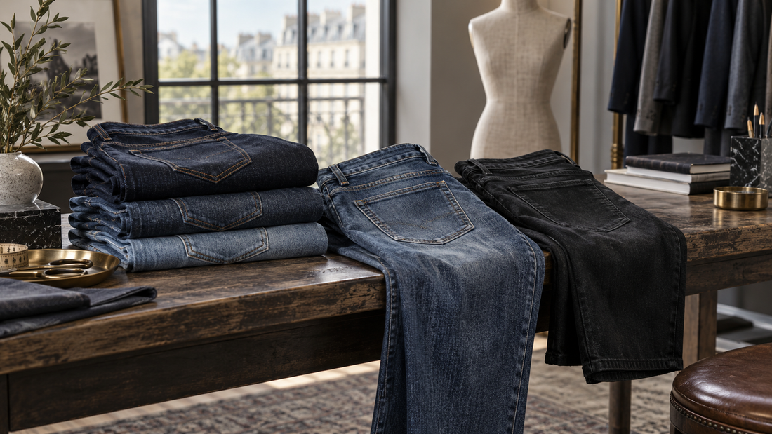 Designer-quality jeans in varied washes displayed in a tailoring studio