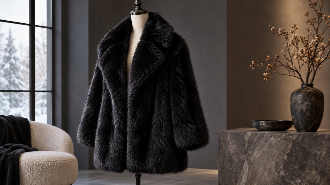 Black faux-fur coat displayed in a refined winter studio