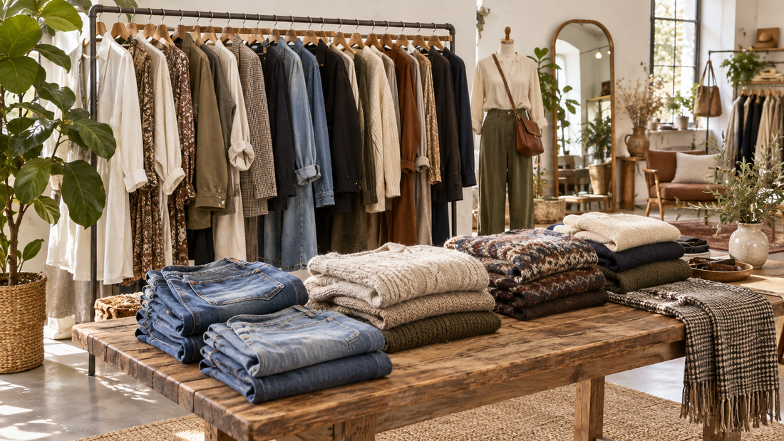 Curated rack and table of quality second-hand clothes