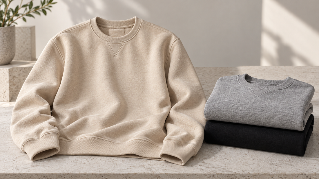 Minimal unbranded neutral crewneck sweatshirts showing fabric quality