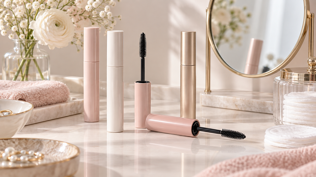 Unbranded mascara tubes and clean wands on a hygienic vanity