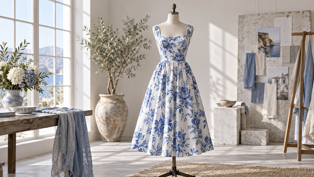 Blue and white printed dress displayed in a bright fashion studio