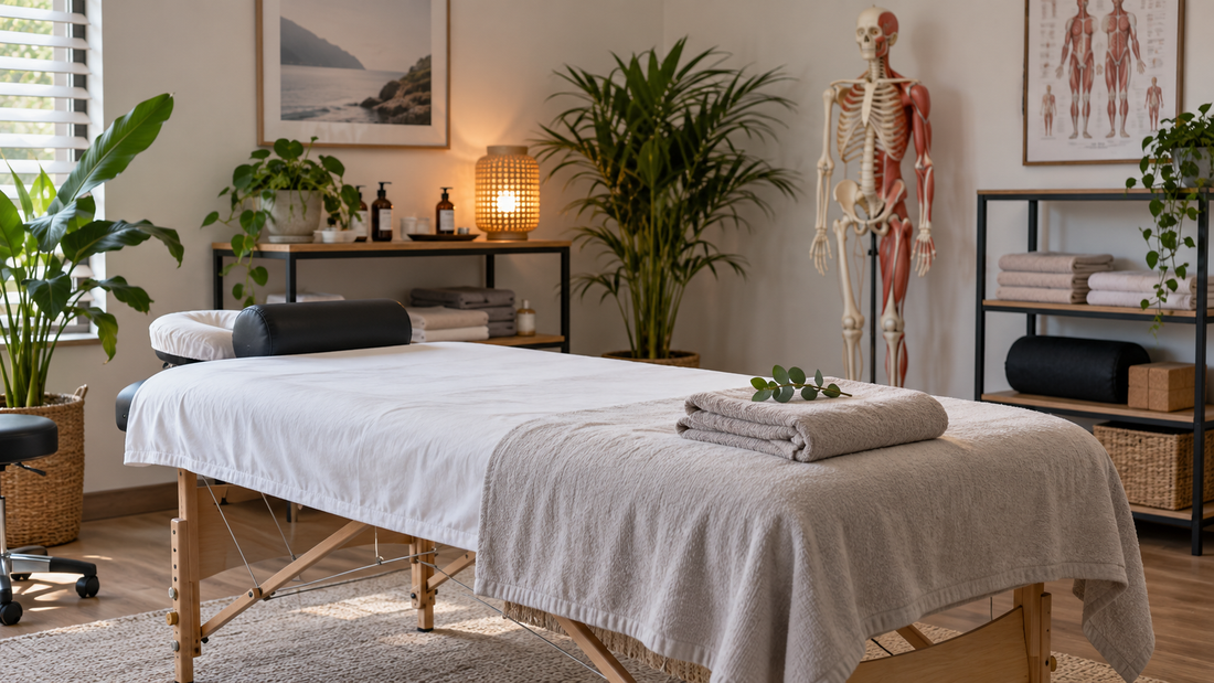 Clean professional remedial massage treatment room with towels and bolster