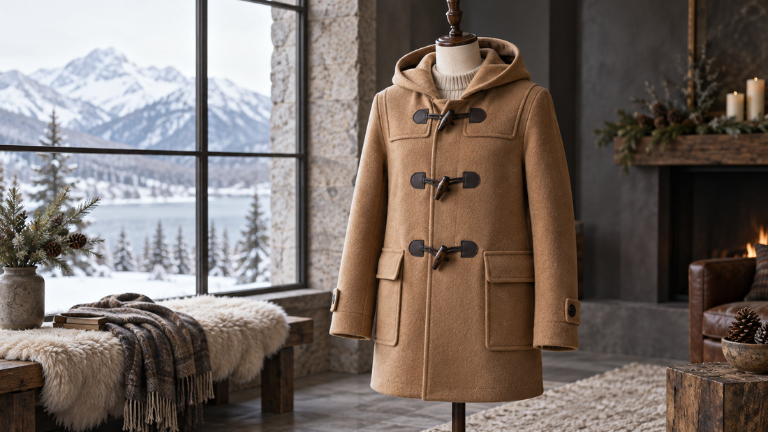 Classic camel duffle coat displayed in a winter studio